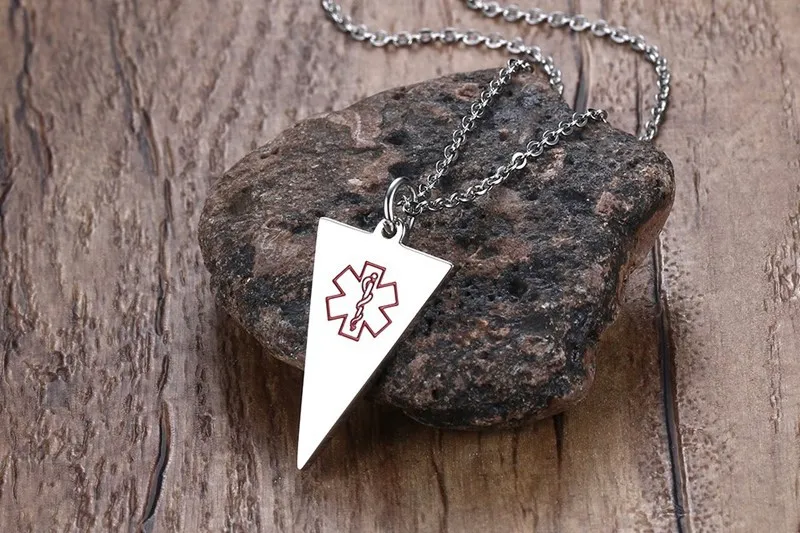 Women Necklaces 316L Stainless Steel Geometric Triangle Medical Alert ID Emergency Pendant kolye with Free Engraving