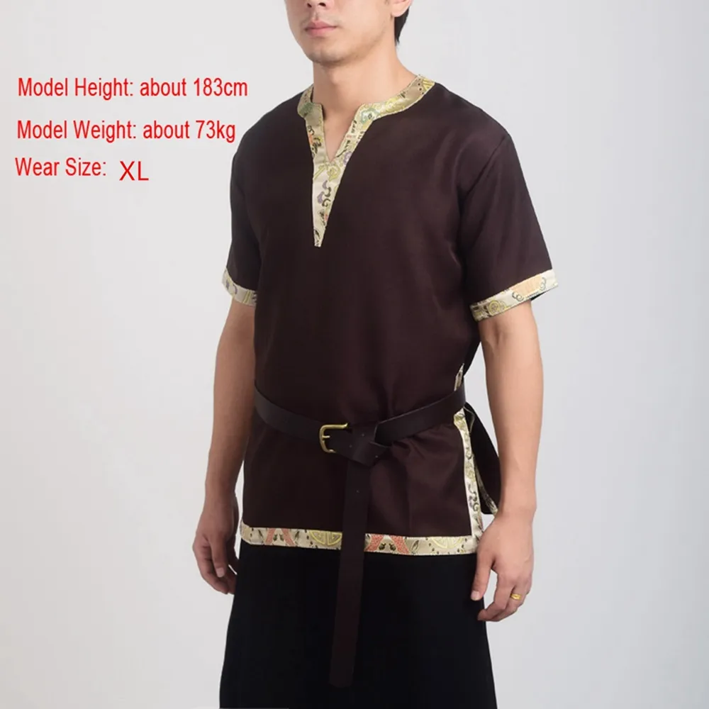 Vintage mannen middeleeuwse tuniek t-shirt met riem tops Hoge kwaliteit Renaissance Larp Viking Norseman Saxon Cosplay