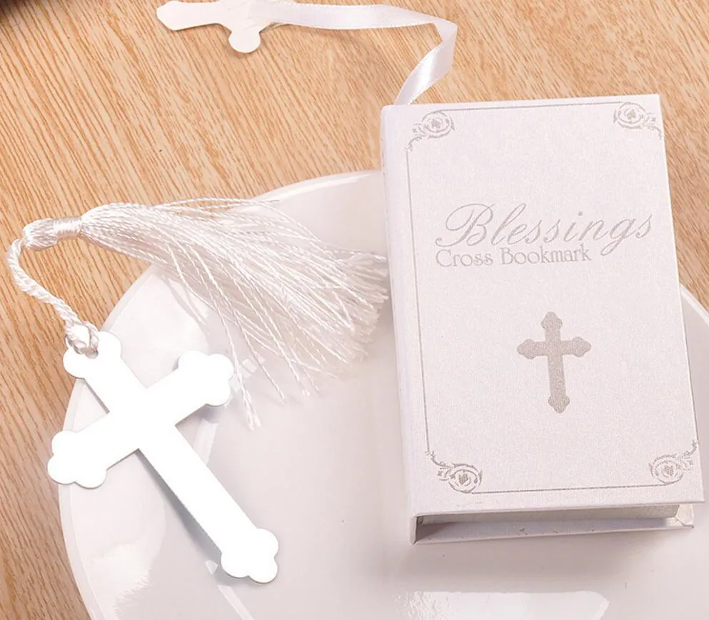 20 stks Silver Rvs White Tassel Cross Bookmark for Wedding Baby Shower Party Birthday Favor Gift Souvenirs