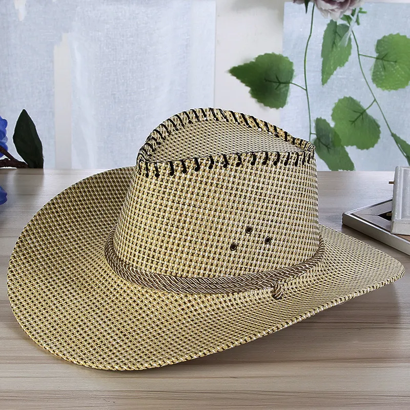 Chapeau de Cowboy occidental en paille solide pour hommes, mode d'été, avec corde, casquette à bord bouclé sauvage, sangle de menton, chapeaux de soleil de plage, Protection UV