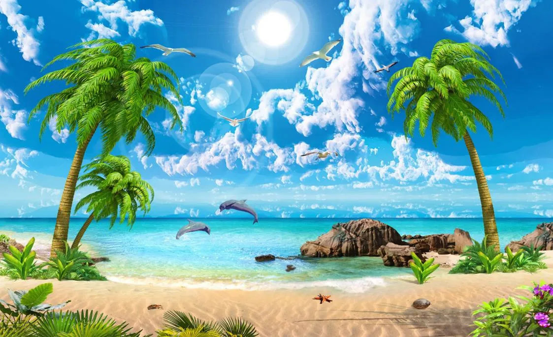 HD hermoso papel tapiz mar coco playa paisaje 3D fondos de pantalla para sala de estar sofá TV telón de fondo 7657747