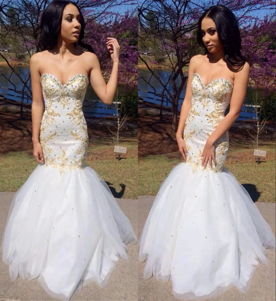 Sweetheart White Mermaid Prom Dresses Tulle Gold Beaded With Rhinestones Lace up Sweep Train Sexy Long Evening Gowns Women Pageant Gown