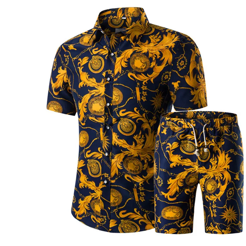 Men Shirts+Shorts Set New Summer Casual Printed Hawaiian Shirt Homme Short Male Printing Dress Suit Sets Plus Size