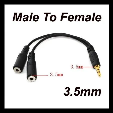 wholesale Black 1 Male To 2 Female 3.5mm AUX Audio Y Splitter Cable High Quality Earphone Headphone Adapter 300ps