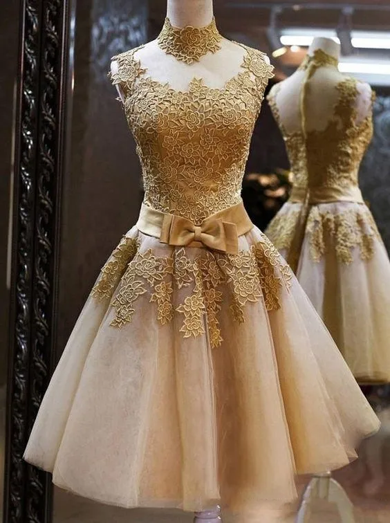 Robes de soirée charmantes en dentelle dorée, col haut, sans manches, avec nœud à la taille, robe de bal courte, robes de soirée de Cocktail