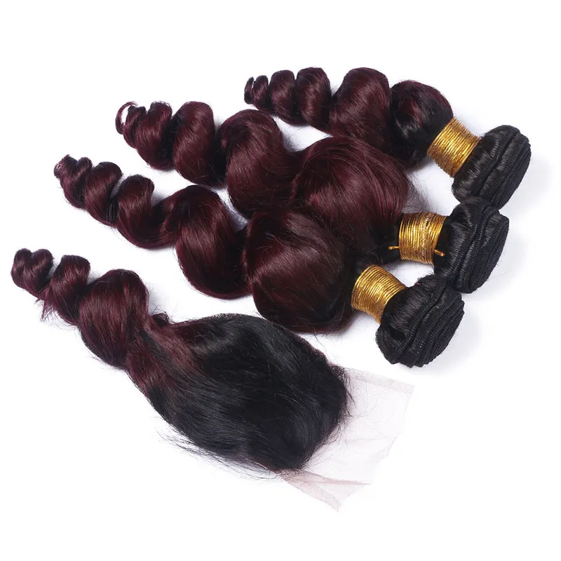 # 1B / 99J Vinho Tinto Tom dois Raízes Ombre peruana Virgin cabelo humano tece solto Aceno 3Bundles Com 4x4 Lace escuras Encerramento Burgundy Red