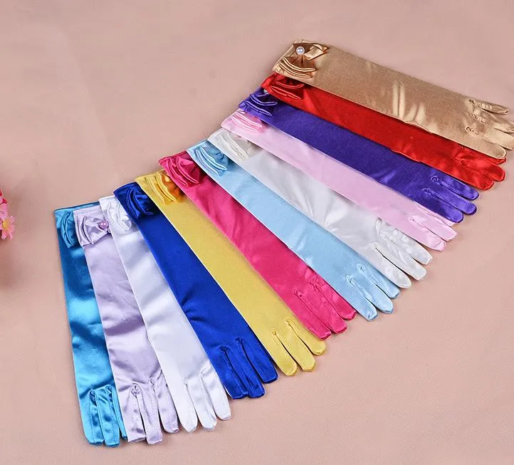 Wedding Elastic Girl Satin Long Gloves Kid Children Fancy Dress Bow Pearl Gloves Costume Cos Princess Mitten 3y-8y Party Favor Colorful