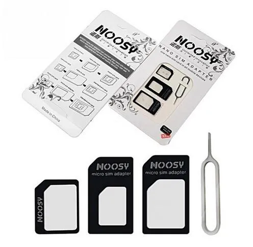 1000sets (4000pcs) 4 i 1 Noosy Nano Micro SIM-kortadapter Eject PIN-kod för iPhone 7 6 5 5S för iPhone 6 6Plus med detaljhandeln