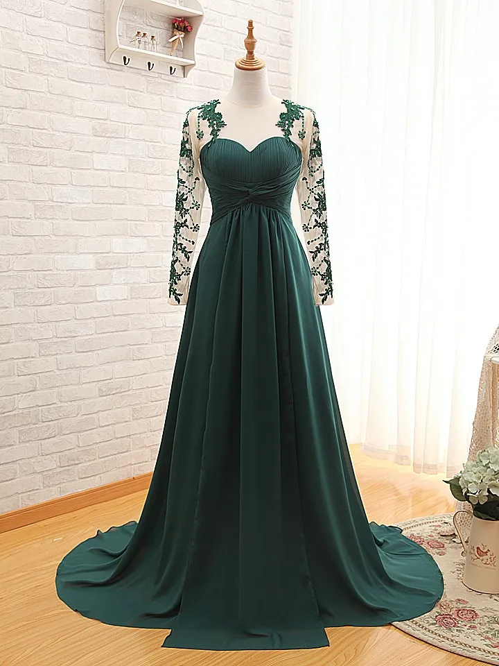 Emerald Green A-Line Chiffon Prom Dress with Long Illusion Sleeves and  Sweetheart Neckline from Dhgate Prom Dresses - price 119.32