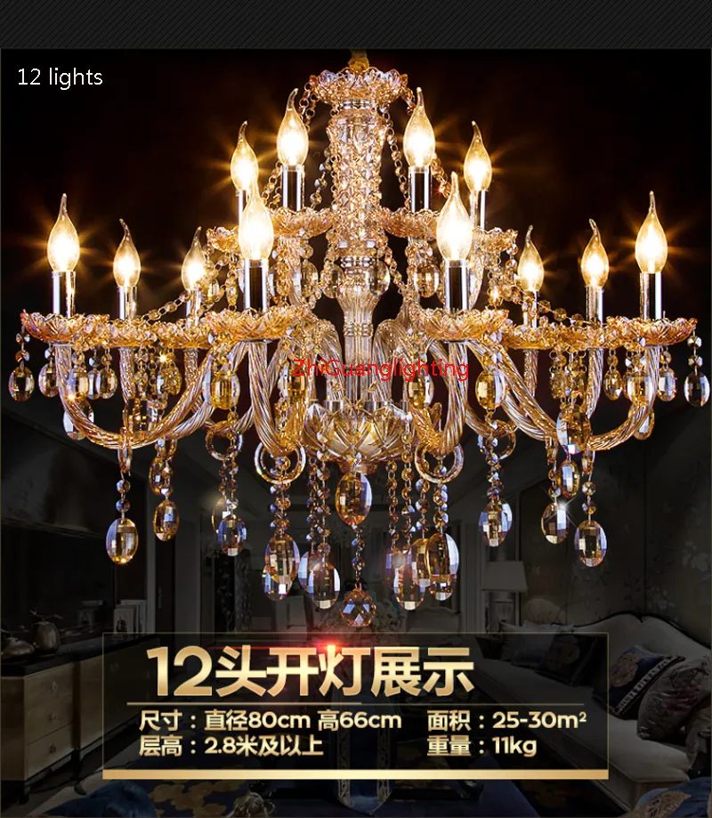 Vintage Cognac Crystal Chandelier Luster Retro Home Lighting Chandeliers Fabric Lampshade Living Room Villa Hotel Hanging Lights