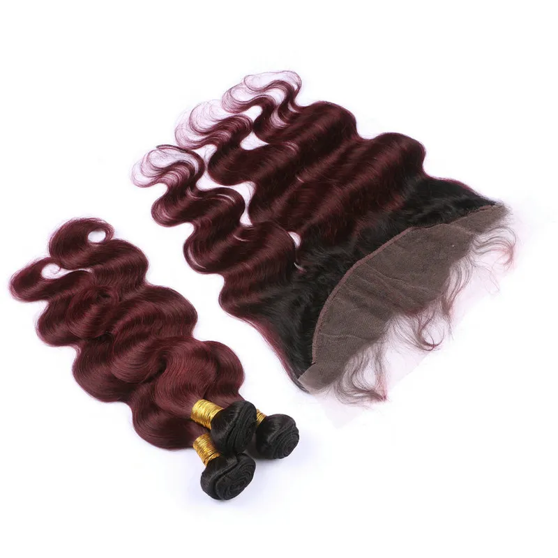 Vinröd Ombre Brasiliansk Virgin Human Hair Wefts Med Front Body Wave 1B / 99J Burgundy Ombre Lace Frontal Stängning 13x4 med buntar