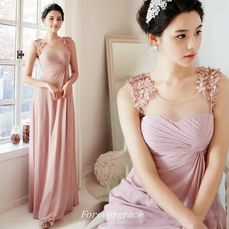 Högkvalitativ Blush Pink Bridesmaid Dress A Line Sheer Neck Chiffon Long Maid of Honor Dress Wedding Guest Gown Custom Made Plus Size