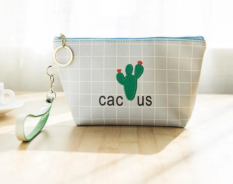 Women Cosmetic Bag Travel Makeup Case Zipper Plant Cactus PU Clutch Organizer Storage Pouches