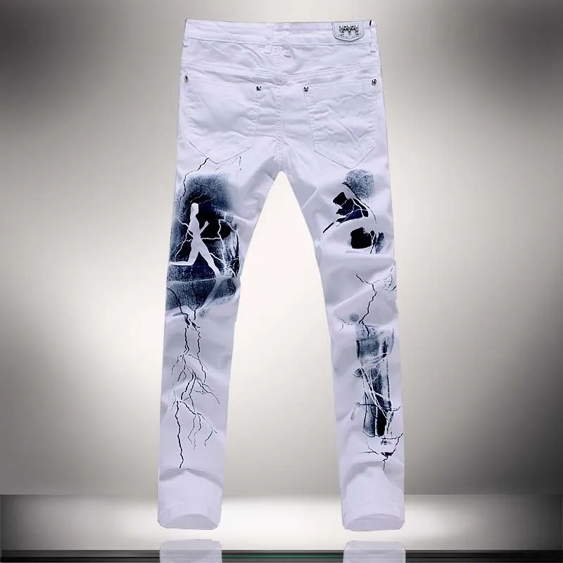 Whole-2016 Weiß 3D Gedruckt Männer Jeans Homme Einzigartige Mann Druck Jeans Baumwolle Große Größe 40 38 Dünne Jeans Für männer Denim Pants329r