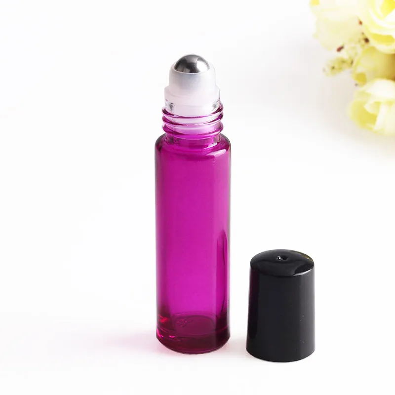 Gratis frakt Svart / rosa / grön / lila 10ml Essential Oil Roller Ball Flaskor Partihandel Parfym Glas Roll på Tom Flaska / 