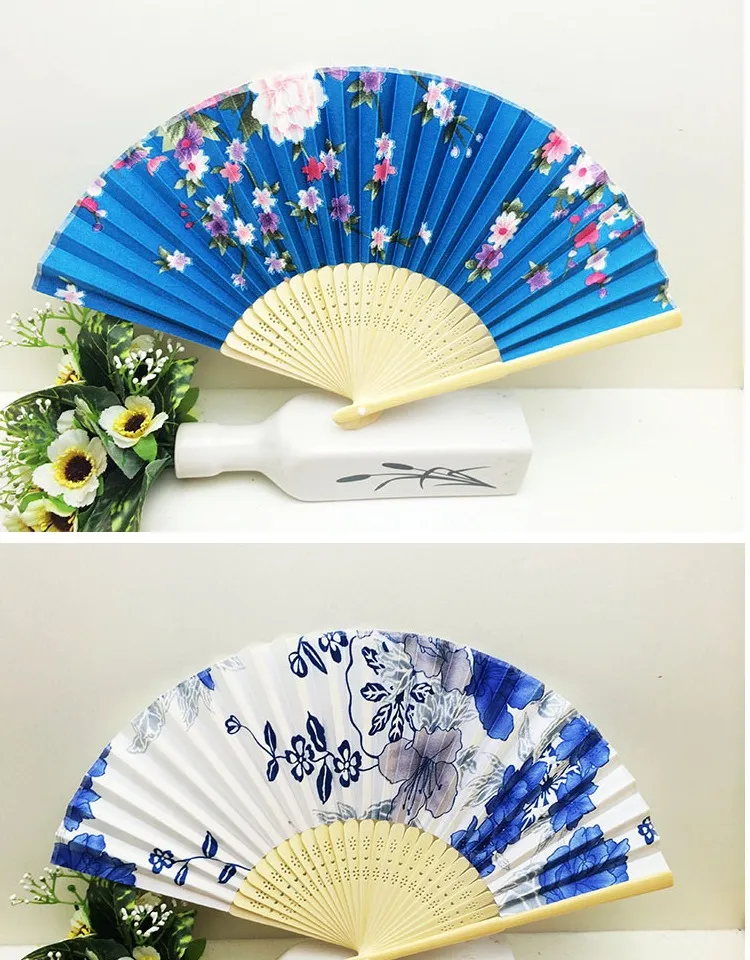 7" Pretty Silk Floral Folding Hand held Fan Wedding Party Favor Cloth Crafts Adult Women Wooden Fans 