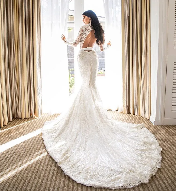 Mermaid Wedding Dress High Neck Lace Long Sleeves Beaded Applique Sash  Hollow Backless Sweep Train Beach Wedding Dress from Dhgate Mermaid Wedding  Dresses - price 175.0