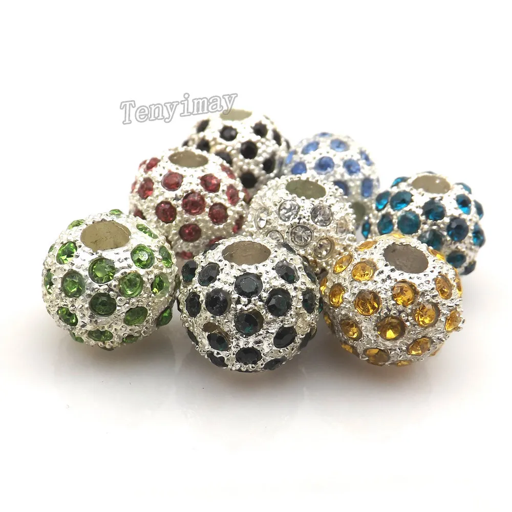 Totalmente-jóias Europeu Charme Beads Cor Misturada Strass Big Hole Beads de Prata Banhado Núcleo Solta Pérolas 24 pçs / lote
