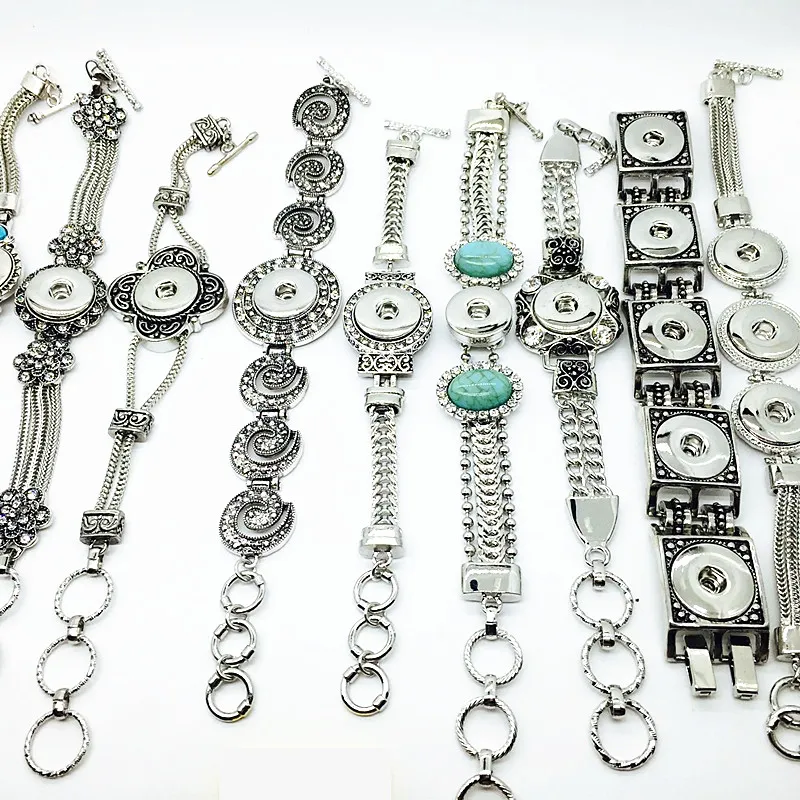 Genos de moda de mixagem de 10 peças de 10 peças estilos de moda de prata antiga feminino 18mm Snaps Button Charms Bracelets Diy Snap Jewelry 291m