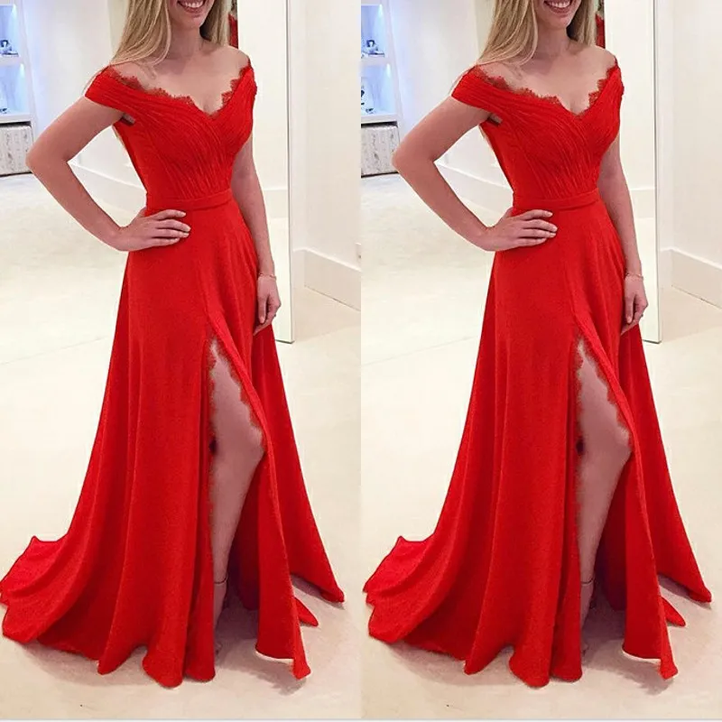 Charmante 2017 Rouge En Mousseline De Soie De L'épaule Côté Split Robes De Bal Longue Pas Cher Dentelle Balayage Train Robe Formelle Soirée Soirée Personnalisé EN11232