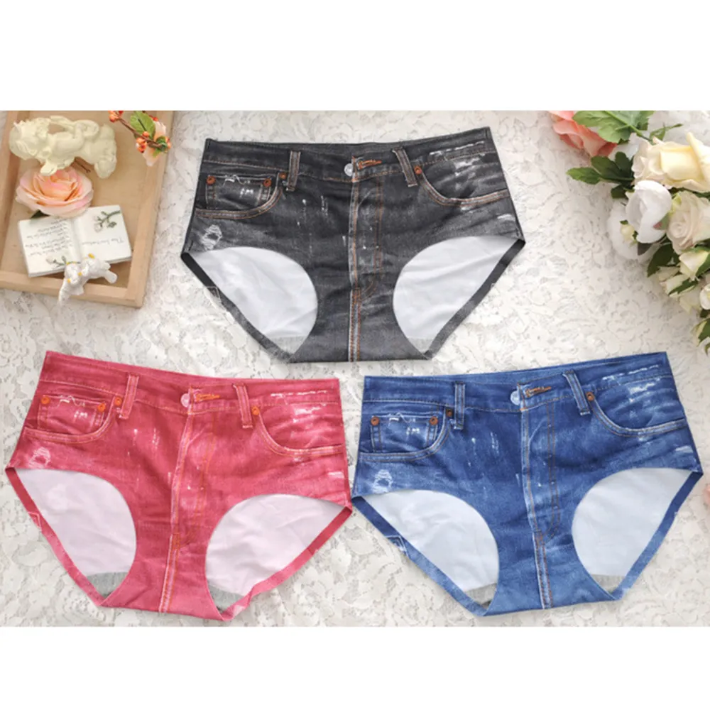 Imitação de Calças de Brim Projeto Mulheres Cintura Baixa Calcinha Lingerie Cuecas Sem Costura Meninas Sexy Underwear Cuecas Calcinhas Tamanho Único