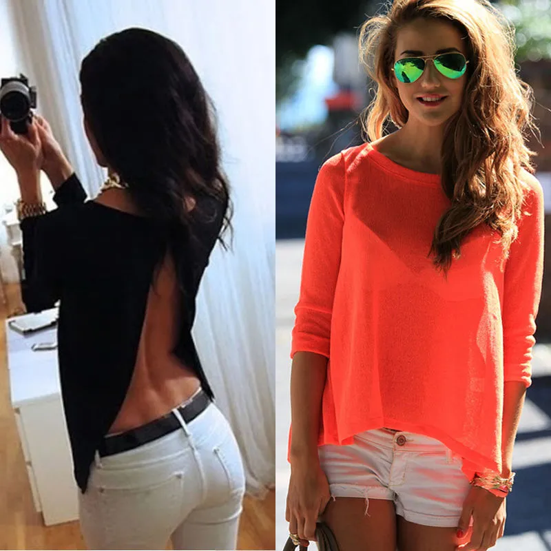 Partihandel-Backless Sommar Mode Kvinnor Casual Lace Shirts Chiffon T Shirt Toppar