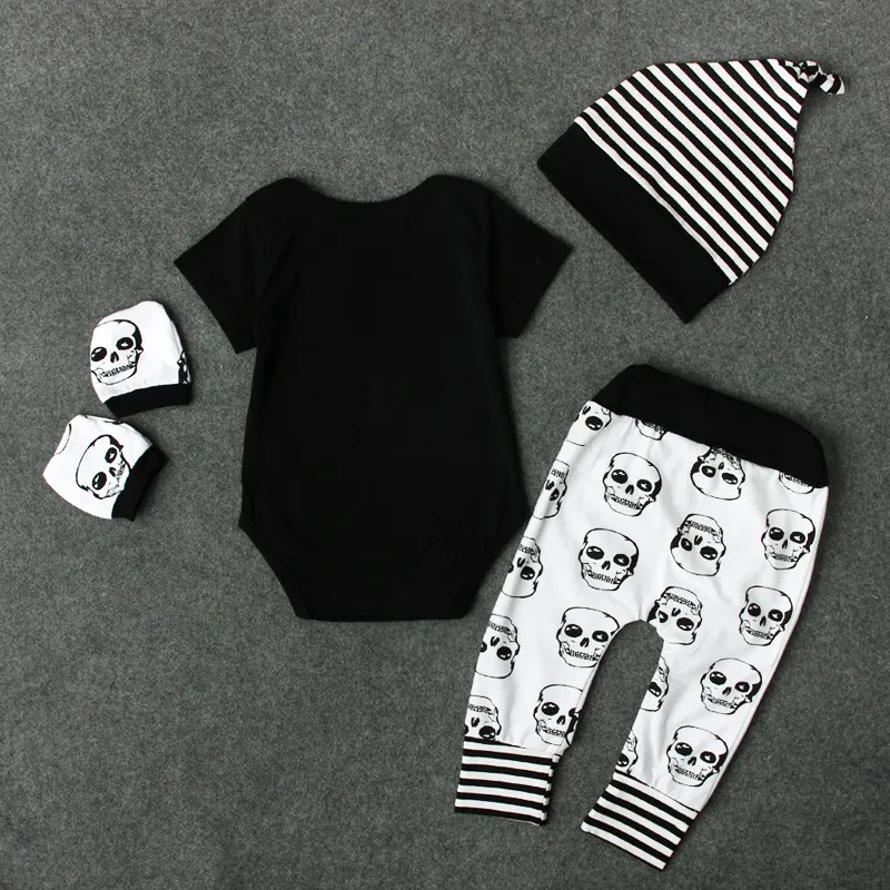 Neueste Herbst Halloween Schädel Baby Kleidung Neugeborenen Set Kleinkind Jungen Mädchen Strampler Overall Tops Leggings Hosen Hut Outfits 4 stücke 0-24 M