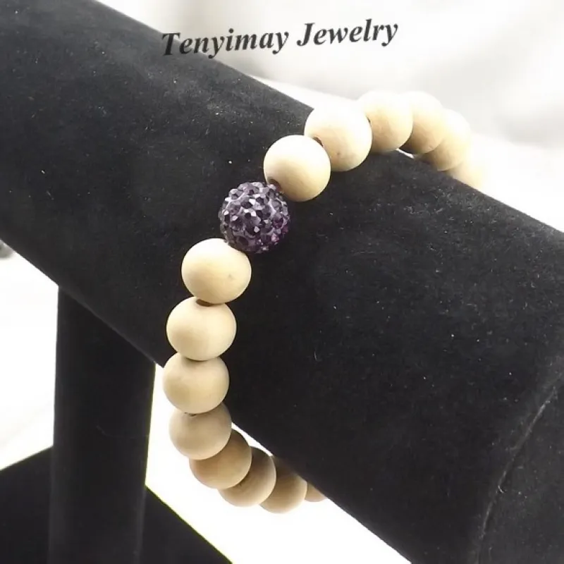 Stretchy 10mm couleur originale en bois bracelet de perles avec violet foncé strass perle pour enfants pack de 