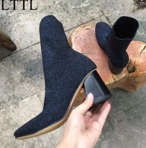 Women Sock Boots Western Style Chunky Heels Block High Heels Knitting Stretch Short Booties for Women