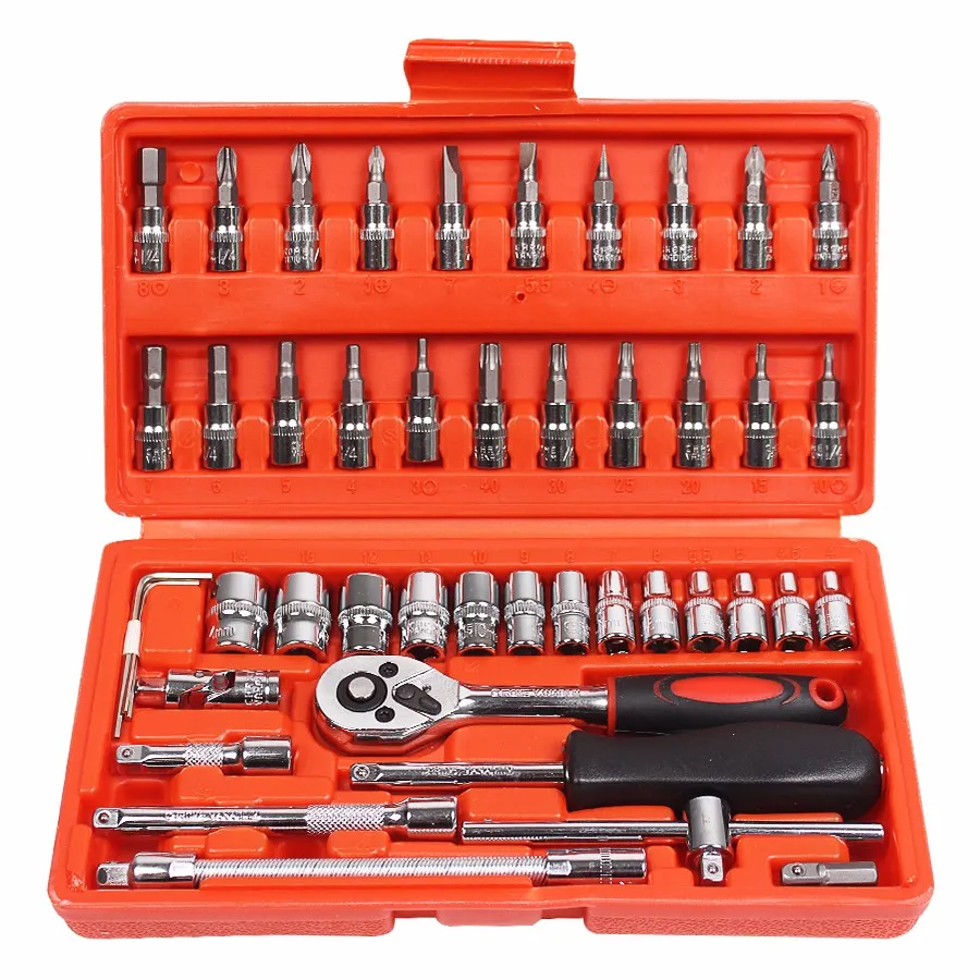 Bilreparationsverktyg 46st 1/4-tums socket Set Bil Reparationsverktyg Ratchet Momentnyckel Combo Tools Kit Auto Reparation Verktygssats