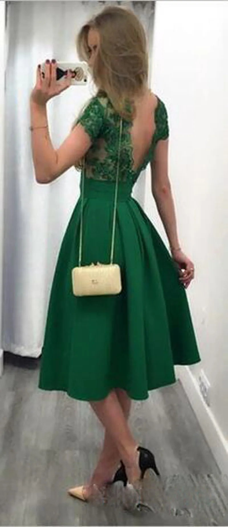 2017 Goedkope Jade Groene Korte Cocktail Jurken Kant Applicaties Cap Sleeves Feestjurken Backless Plooien Satijn Vintage Knielengte Prom Dress