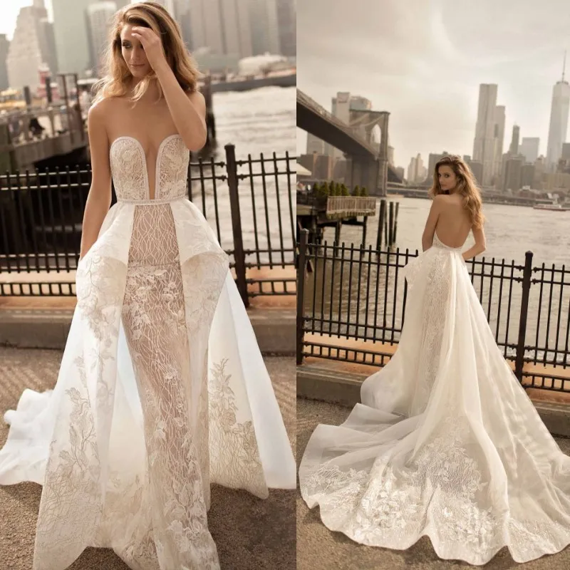 BERTA Sweetheart Neckline Mermaid Bröllopsklänning Appliques Sash Bridal Gowns Sweep Train Backless Robe de Mariée