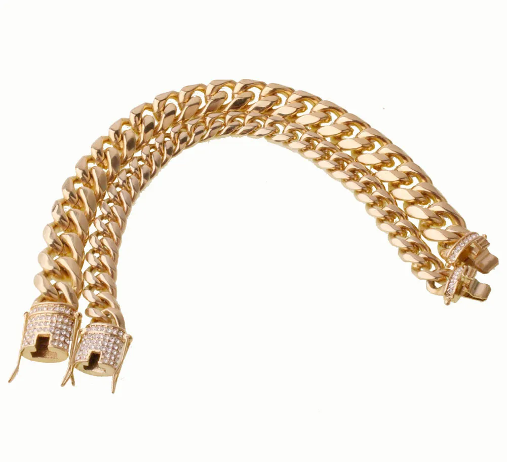 Titanium 24K Solid Gold Electroplated Casting Clasp & Diamond CUBAN LINK Necklace & Bracelet For Men Women Curb Chains Jewelry Sets