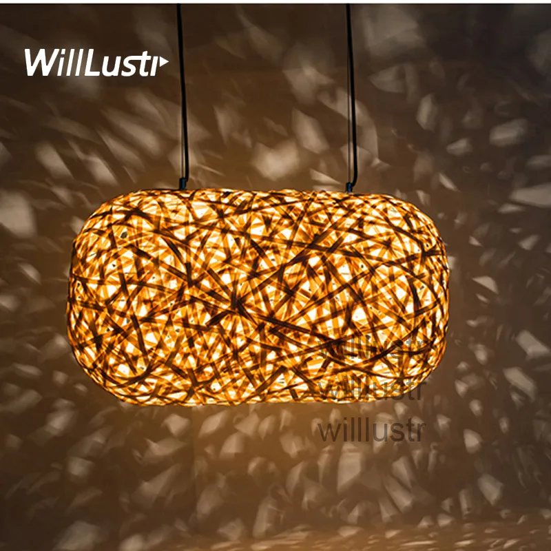 Willlustr Nowoczesne bambusowe lampy wiszące drewno Light Handmade Oświetlenie Cocoon Wiszące Light Hotel Restaurant Lounge