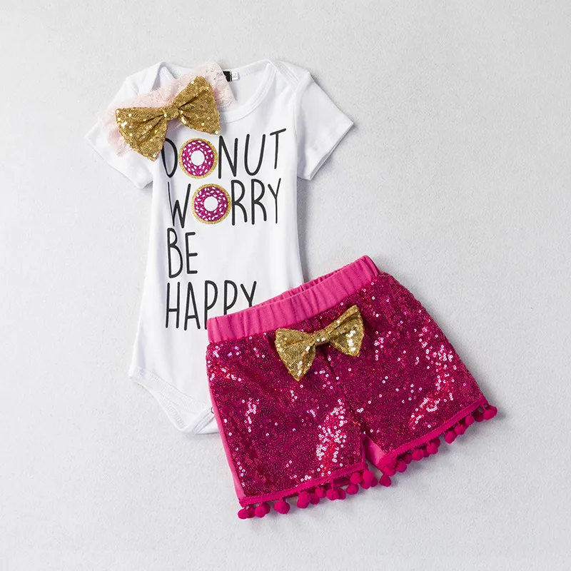 Cute Baby Girl Clothes Summer Short Sleeve Letter Printed Baby Rompers Tops + Sequin Shorts + Headband Girls Outfit Set Kids Clothes