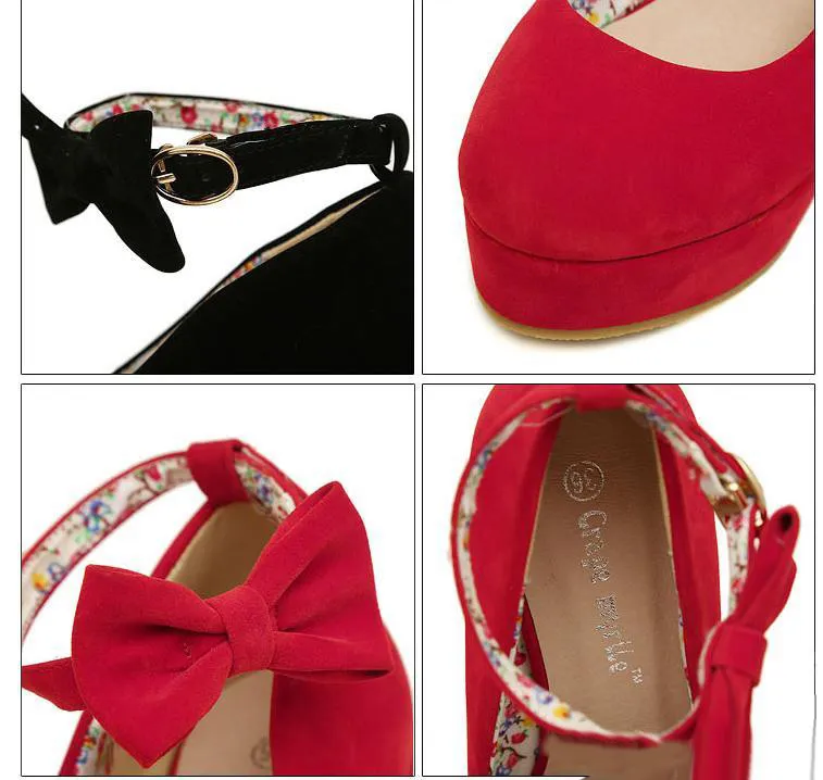 nœud papillon noir plate-forme compensées femmes rouge bride à la cheville chaussures de mariage à talons hauts 2 couleurs taille 35 à 39