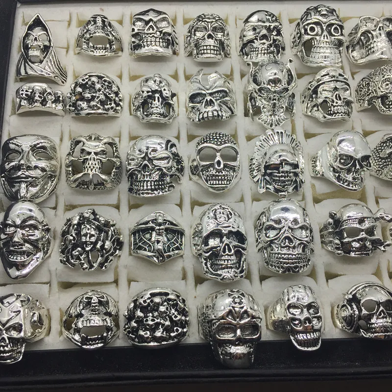 Wholesale Lot 10pcs Retro Skull Gothic Punk Biker Silver Rings – Men's/Women's Mix Sizes, Turquoise & Tibetan Silver