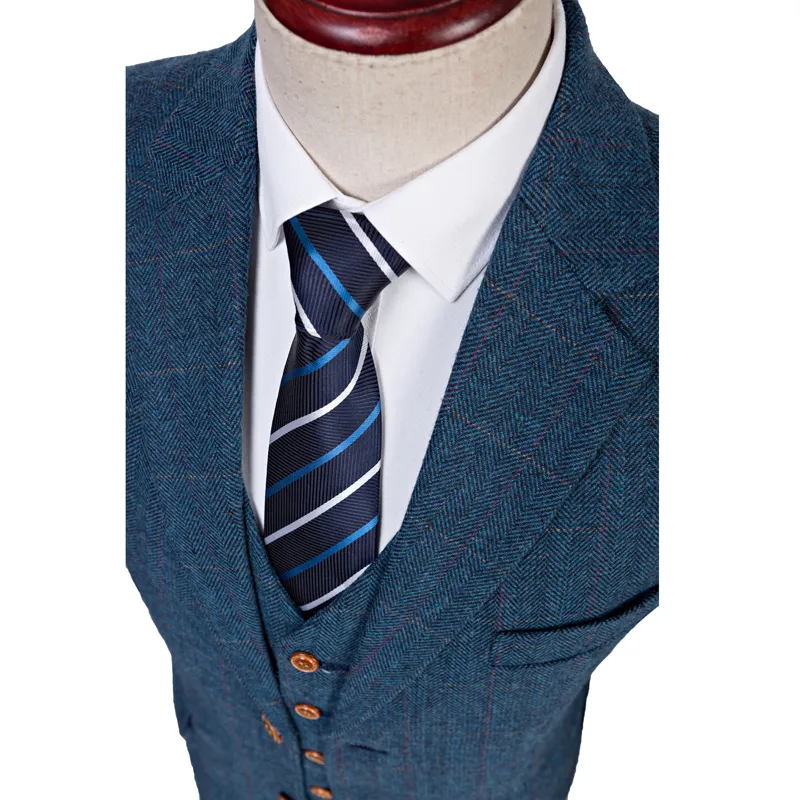 Dernier manteau pantalon conception laine bleu chevrons rétro gentleman Style hommes costumes de mariage sur mesure Blazer marié costumes pour hommes