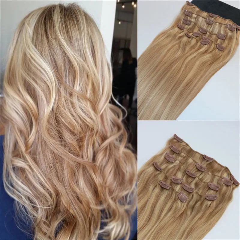 Ludzkie rozszerzenia włosów Ombre Color Two Tone # 18 Ash Blonde Piano # 22 Średniej Blondynki Klip w Ludzkich Hair Extensions Highlights