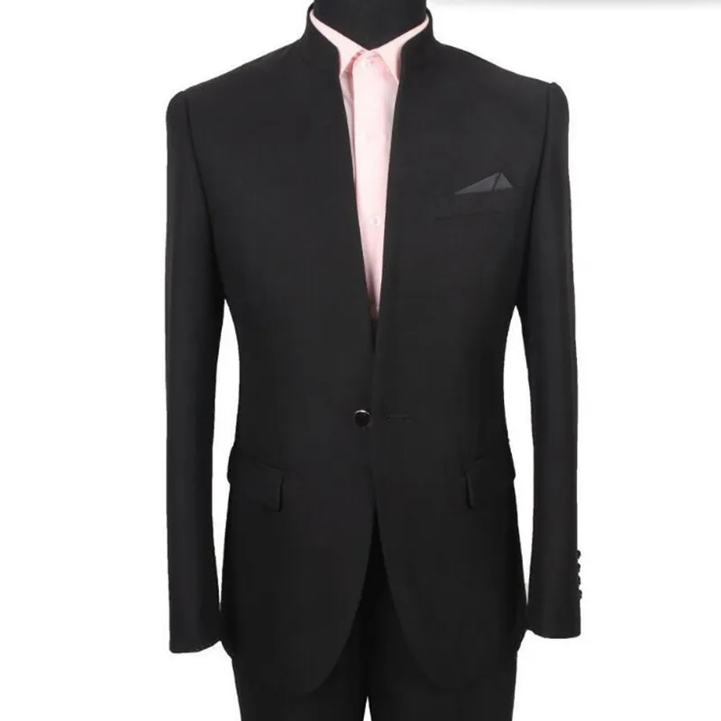Toptan-Sıcak Satış Erkekler Takım Elbise Moda Siyah erkek Düğün Mandarin Yaka Smokin Yakışıklı Resmi Balo Suits Suits (Ceket + Pantolon)