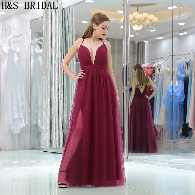 Mörk Röd Tulle Billiga Afton Klänningar V Nacke Tunna band Sexiga Burgundy Prom Party Gowns B015