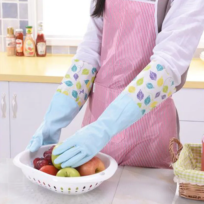 Thick Polar Fleece Inside Long Anti Cold Latex Gloves Cleaning Gloves Rubber Gloves for Gardening Dish Washing 