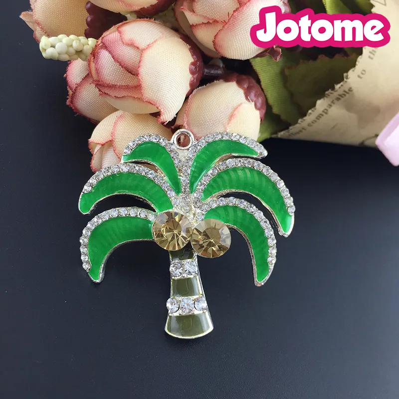 Spilla con spilla a forma di palma da cocco verde, ciondolo a forma di palma con strass smaltato - collane robuste - 42 mm x 45 mm