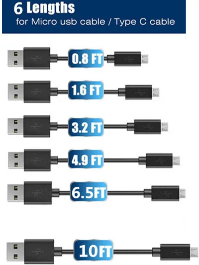 Ny 2A Höghastighets Micro USB-kabel Typ C Kablar Powerline Sync Snabbladdning USB 2.0 för Samsung S20 6 Längder 0,25m 0,5m 1 M 1,5 M 2m 3m