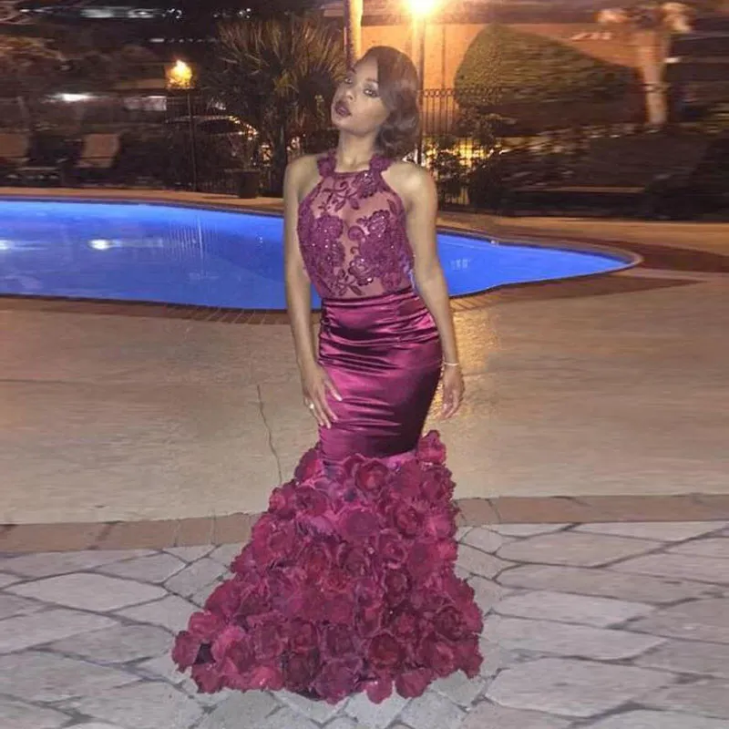 Sexy See Through Backless Prom Dresses African Style Dark Red Handmade Flowers Sequins Appliques Mermaid Evening Gowns Hot Cocktail Dress