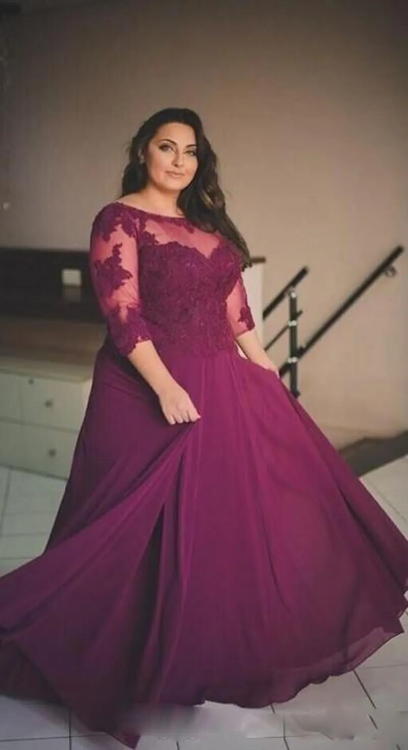 Plus Size 2017 Burgundy Evening Dresses Applique Half Long Sleeve Prom Gowns Sheer Neck Chiffon A Line Formal Party Dresses Custom Made