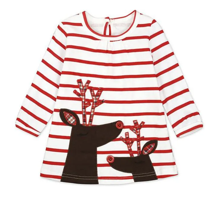 INS Girls Xmas Dresses Xmas Princess Dresses Stripe Long Sleeve Baby Skirt Christmas Party Cosplay Costume Santa Claus Elk Printing DH153