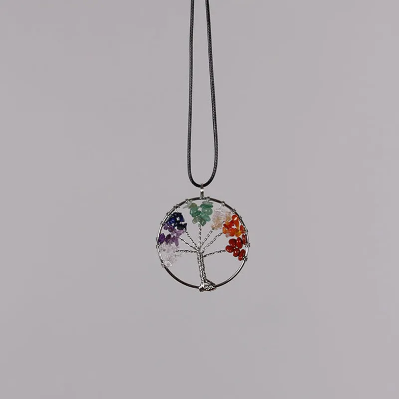 Women Rainbow 7 Chakra Amethyst Tree Of Life Quartz Chips Pendant Necklace Multicolor Wisdom Tree Natural Stone Necklace