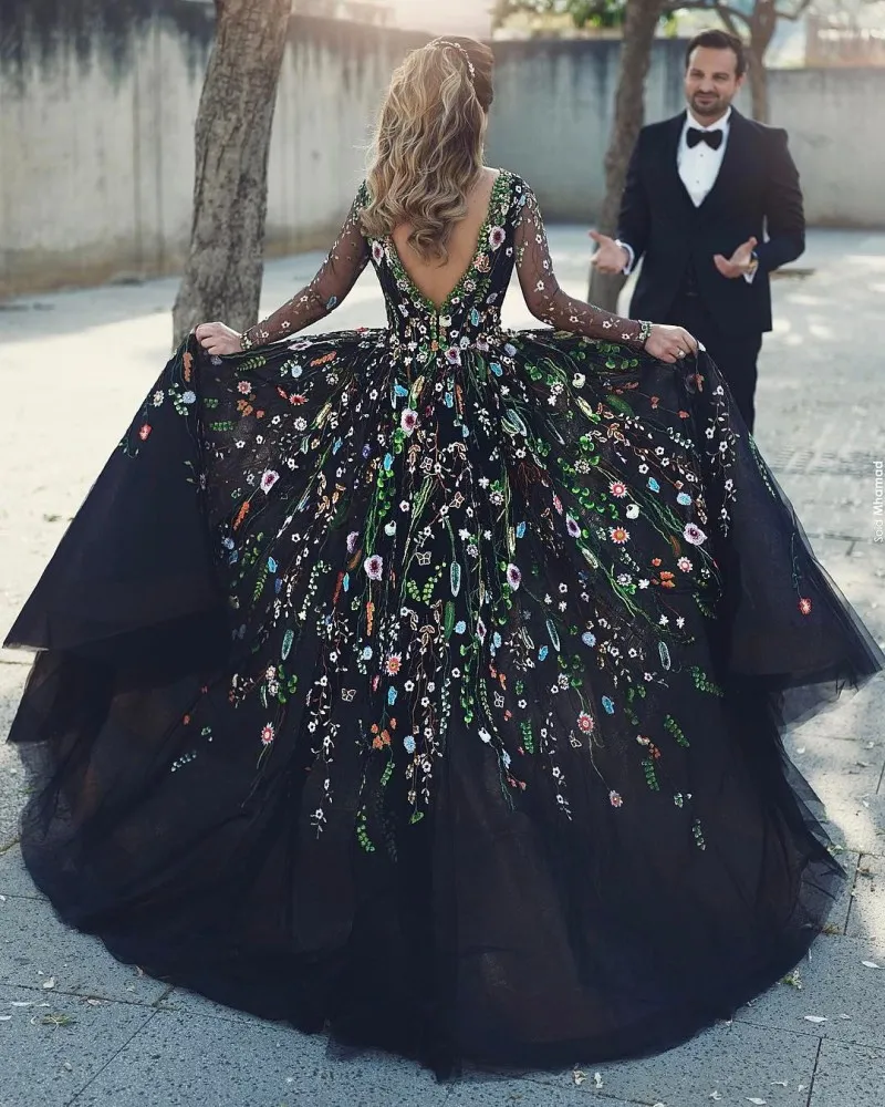 Black Backless Emboridery Flowers Prom Dresses Lace Applique Long Sleeve Party Gowns Custom Made Ball Gown Evening Dress