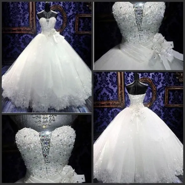 Luxury Bling Bling Ball Gown Dresses Puffy Exquisite Crystals Sequins Beads Sweetheart Lace up Back Wedding Bridal Dress Lace Appliques